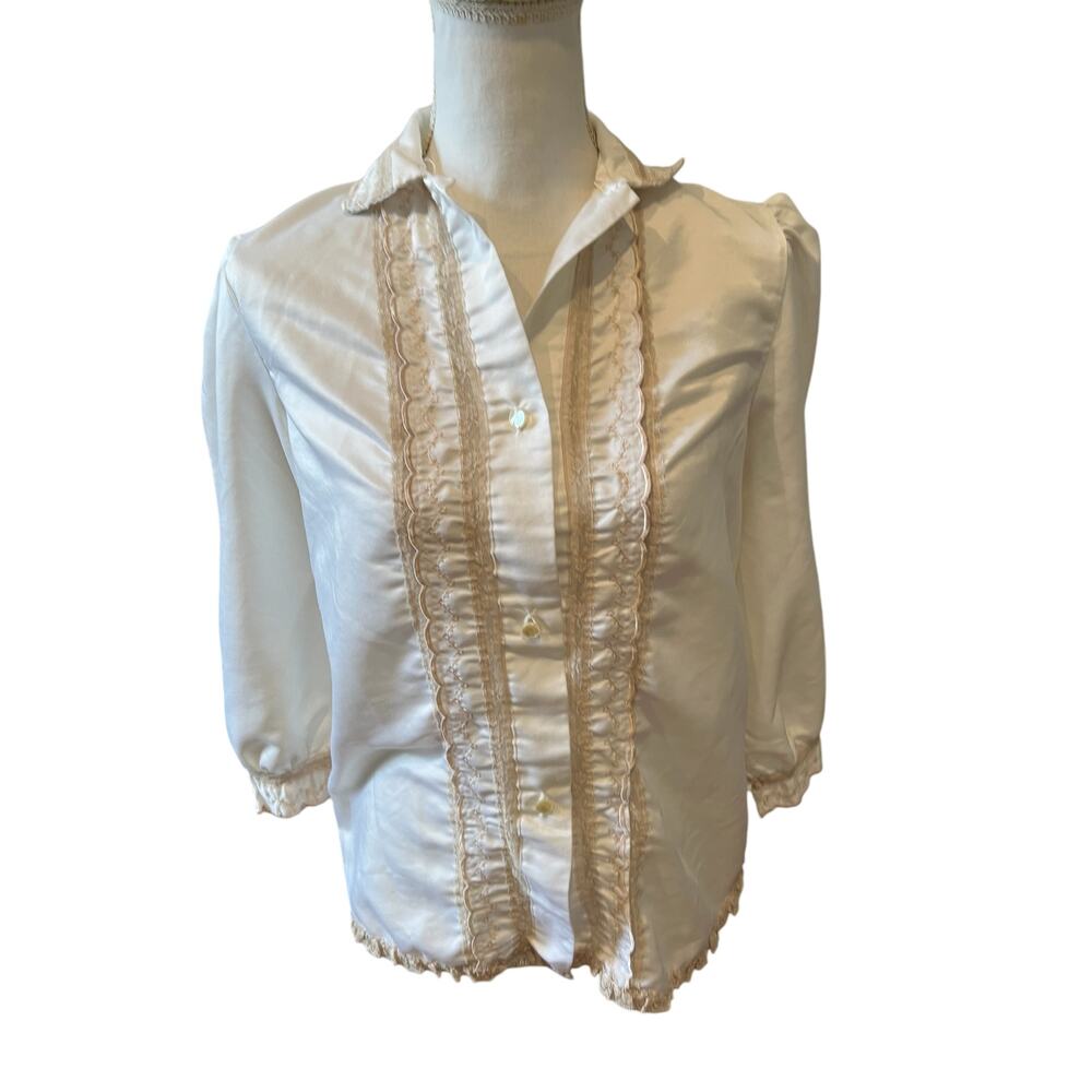 Vintage 70s Bert Yelin for Iris Ruffled Lace Front Poets Blouse White